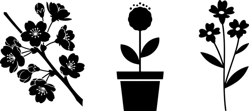 Elegant black flower silhouettes in modern vector style for minimalist designs and floral arrangements, springtime bloom