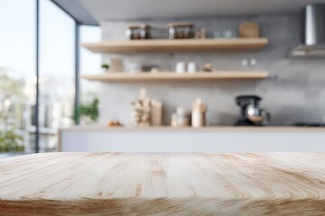 Empty Light Beige Wooden Kitchen Counter Top With Blurred Background