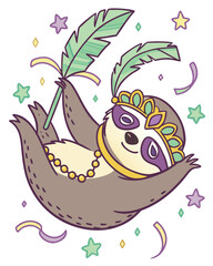 Cute sloth in a hat with feathers. Vector illustration.
