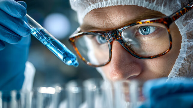 Close-up of a scientist examining a test tube with blue liquid, wearing protective gear in a lab setting for medical research. - Powered by Adobe