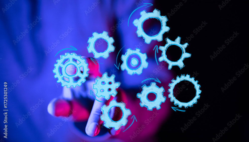 Poster abstract image of gears representing teamwork, workflow, and efficient processes. ideal for business