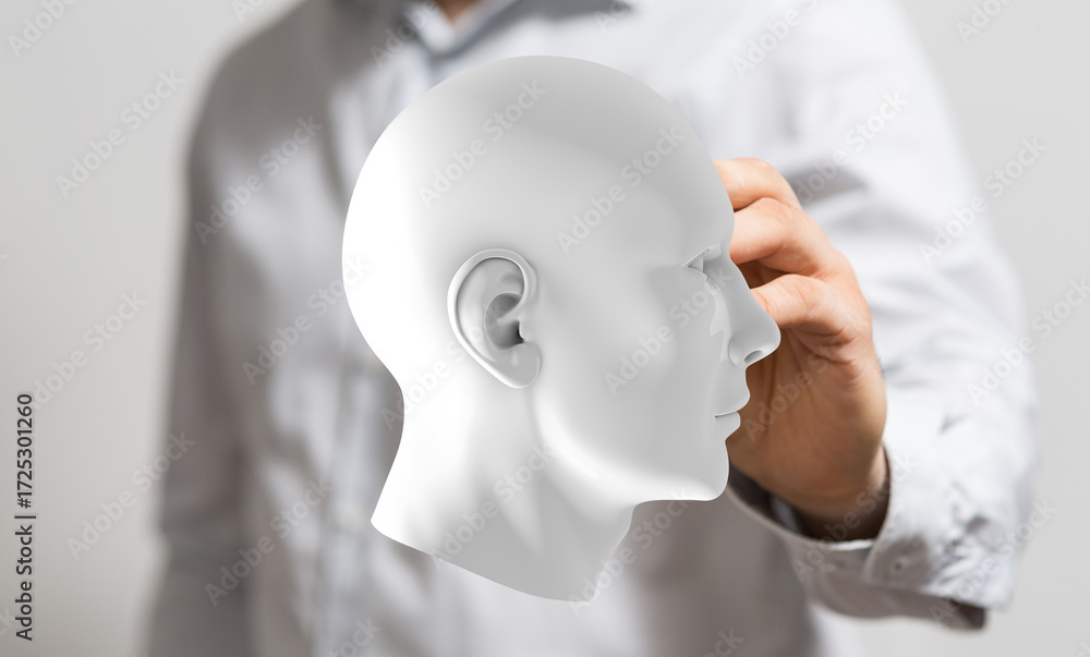 Poster conceptual image of a man touching a 3d model of a human head, representing ideas like ai, intellect