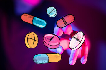 Abstract image of hand interacting with colorful pills and capsules.  Perfect for health, medicine, or pharmacy concepts.