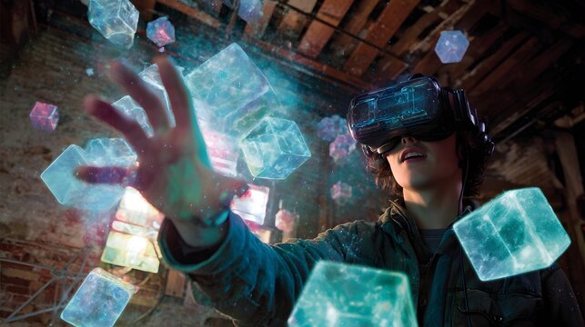 Virtual reality gaming immersion turns the loft into a playground of shimmering crystal dreams.