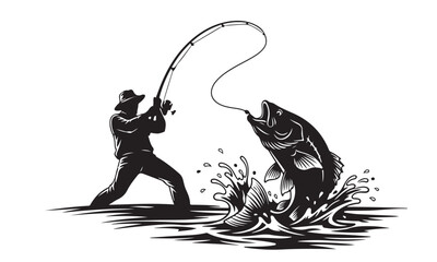 Silhouette of an Angler Reeling in a Jumping Fish