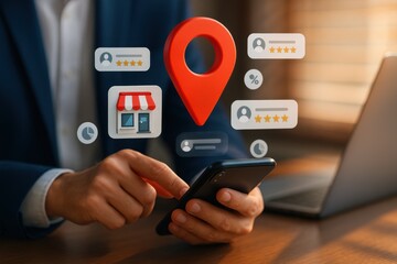 Man using phone with glowing local business icons and red map pin showing customer reviews
