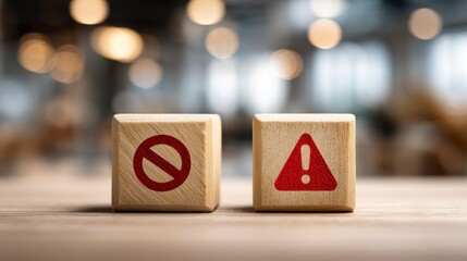 Two wooden blocks with red prohibition and warning signs on a table.