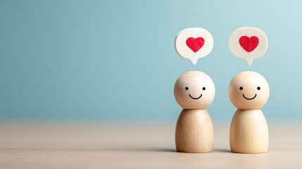 Two wooden figures with heart thought bubbles on a light blue background.