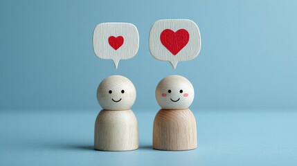 Two wooden figures with heart speech bubbles on a blue background.