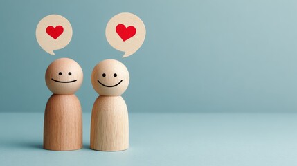 Two wooden figures with heart speech bubbles on a blue background.
