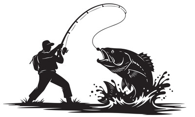 Dynamic Fishing Scene Silhouette with Angler and Jumping Fish