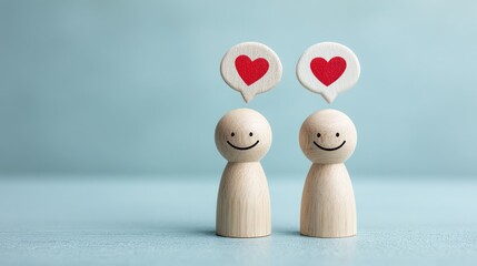 Two wooden figures with heart speech bubbles on a light blue background.