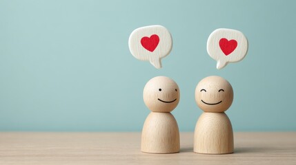 Two wooden figures with heart speech bubbles on a light blue background.