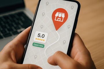 Closeup of smartphone screen with store location and 5 star review on map interface
