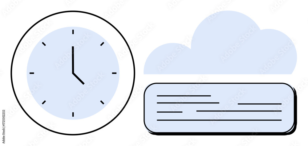 Poster circular clock indicating time alongside a cloud and rectangular text block. ideal for scheduling, t