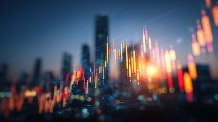 City skyline with financial chart overlayed representing market data and analysis.