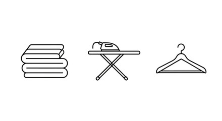Minimalist laundry room essentials: folded towels, ironing board, and clothes hanger icons