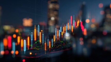 Financial chart overlayed on a blurred city skyline at night.