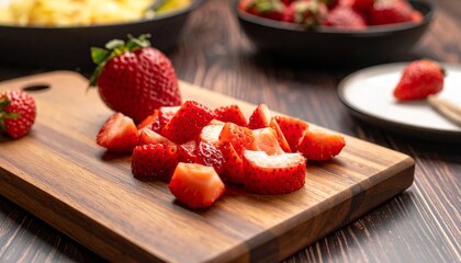 Morango picado em cima de t&aacute;bua feita em madeira nobre