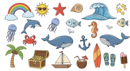 Naklejka premium Vibrant ocean life and summer fun elements for joyful designs, perfect for kids and vacations