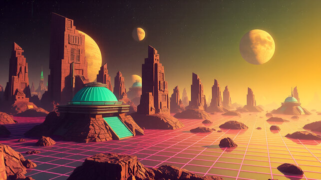 Retro futuristic grid landscape