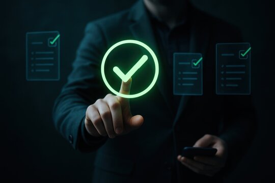 Businessman touching glowing green approval checkmark on digital interface with completed document icons
 - Powered by Adobe