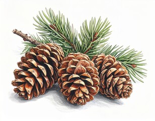 Fototapeta premium Three Brown Pine Cones with Green Needles on a White Background Still Life