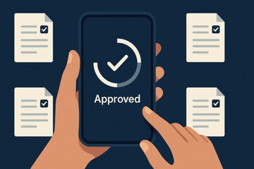 Mobile phone interface showing approval checkmark with finger tap and floating document icons
