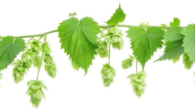 A close-up shot of a bunch of green hops hanging from a tree branch