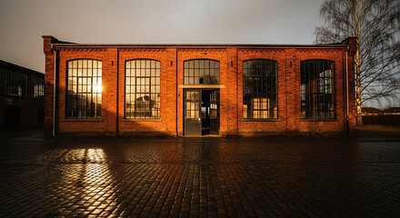 Old brick factory building reflecting the sunset light in its large window with an open door to the entrance, along a wet cobbled street.