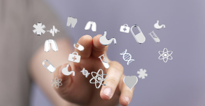Hand interacting with digital medical icons. Perfect for healthcare, technology, and medical concepts.