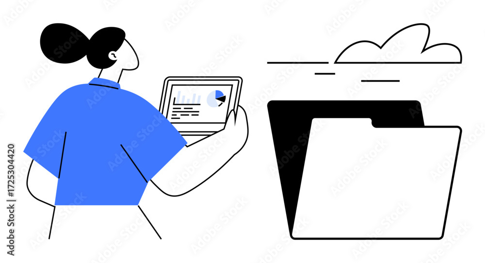 Poster woman with laptop analyzing data, cloud icon above open folder. ideal for cloud storage, digital org