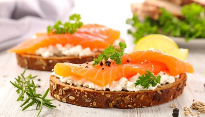 Smoked salmon and cream cheese on whole wheat bread