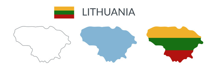 Obraz premium Lithuania country geographical borders isolated on white background. Lithuanian flag. Vector flat cliparts. 