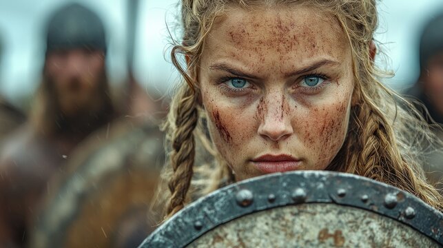 Warrior Woman Shield Maiden: A fierce female Viking warrior, bloodied but unbowed, stares defiantly forward, shield in hand, amidst a battle.