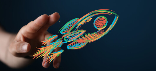 Abstract rocket sketch, launch, innovation, growth, success, future, technology, business, hand,...