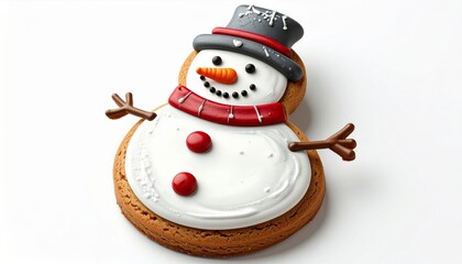 Fototapeta premium Festive Snowman Cookie with White Frosting and Red Scarf on White Background for Holiday Treat Close Up View