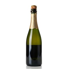 A champagne bottle with a golden cork stands against a white background, showcasing its elegant design.