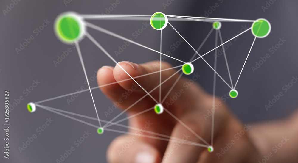 Poster abstract image of a finger interacting with a digital network. ideal for technology, connection, and