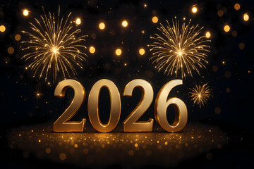 Happy New Year 2026 background, illustration for holiday design with lights and fireworks	
