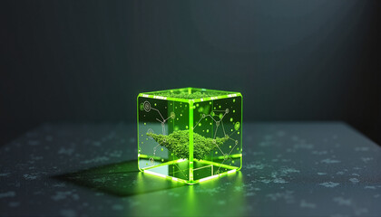 Blockchain cube with networking pattern in green, a concept for transparent financial operations