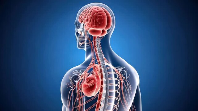Human anatomy illustration showing brain heart and vascular system on a blue gradient background