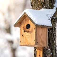 Snowy birdhouse on a tree
