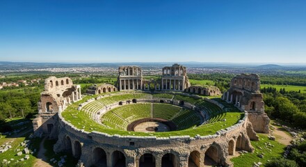 Ancient Roman Amphitheater Ruins with Greenery and Cityscape in Background