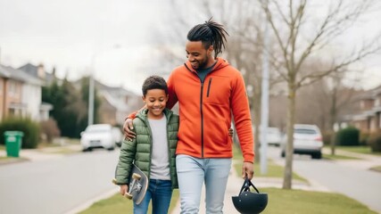 A father and son walking on a sidewalk with a skateboard and helmet on a suburban street outdoors