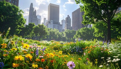 A lush urban green space flourishes with vibrant wildflowers, showcasing biodiversity amidst the concrete jungle of a bustling city center.