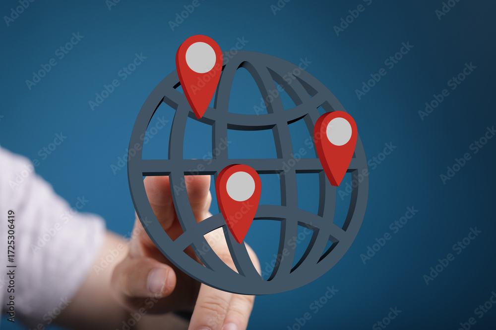 Poster hand interacting with 3d globe showing multiple location pins. concept of global reach, network, con