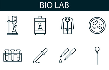 Biology Lab Icon Set – Vector Illustrations of Titration Setups, Petri Dishes, Lab Coats, Pipettes, and Sample Tools for Science, Education, and Research Projects