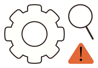 Gear symbolizes system or functionality, magnifying glass suggests inspection or research, and triangle warning sign highlights caution or errors. Ideal for technology, problem-solving, inspection