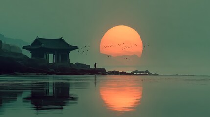 Fototapeta premium Peaceful sunrise over water and pagoda